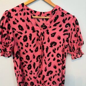 Women’s Pink Leopard Print Puff Sleeve Top, Small